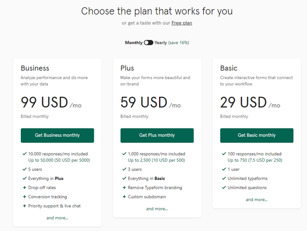 Typeform reviews: Typeform pricing