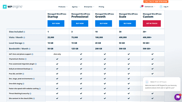 2022 WP Engine pricing Comparison